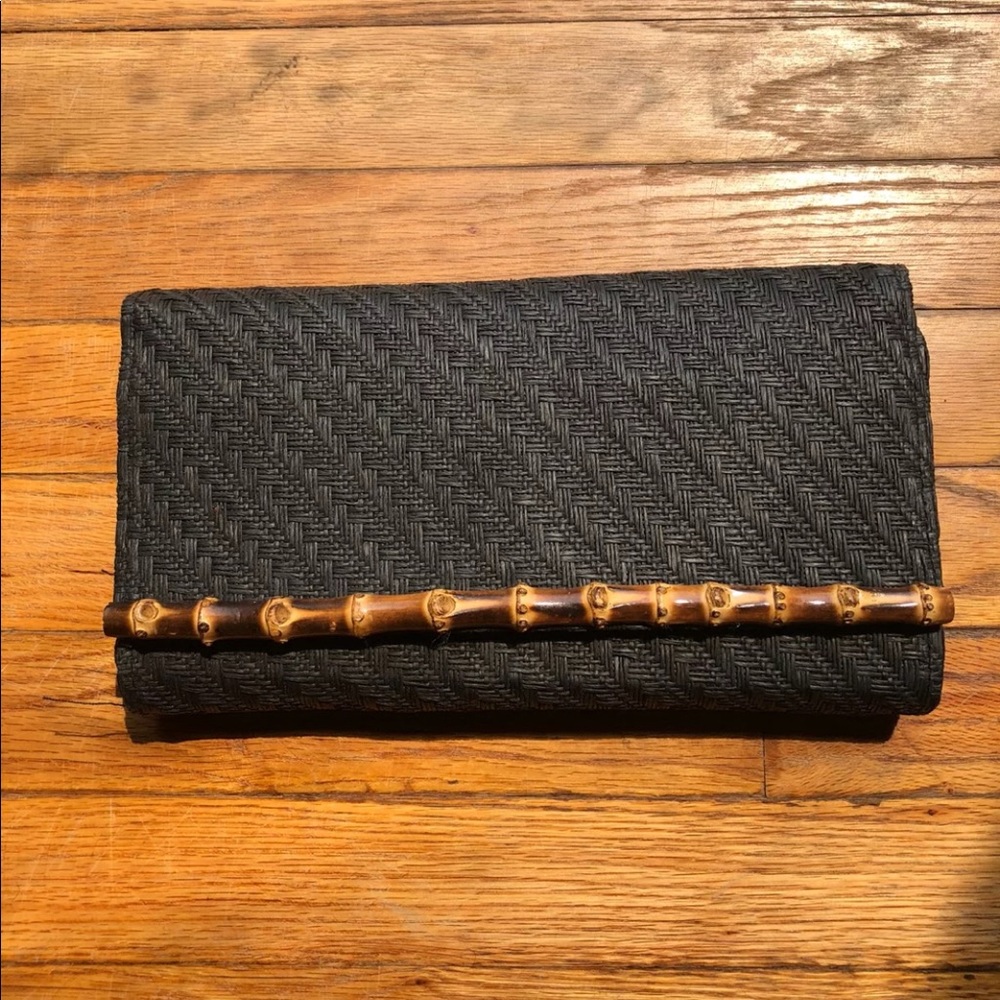 Wooden Trim Straw Clutch Bag